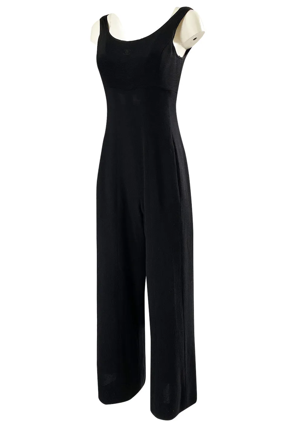 1990s Chanel Black Crepe & Ribbed Jersey Wide Legged Jumpsuit