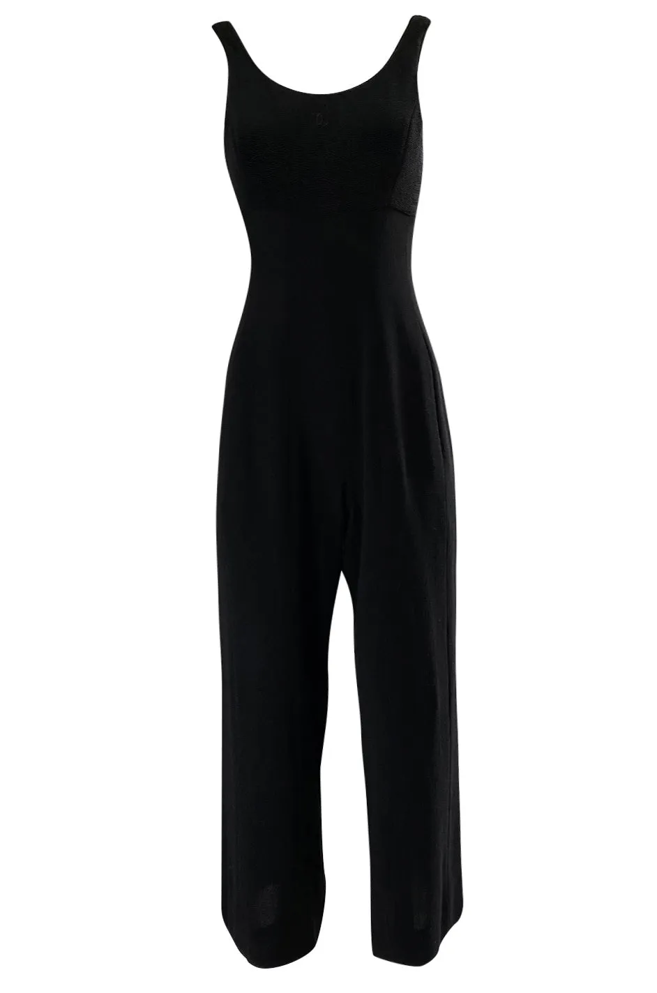 1990s Chanel Black Crepe & Ribbed Jersey Wide Legged Jumpsuit