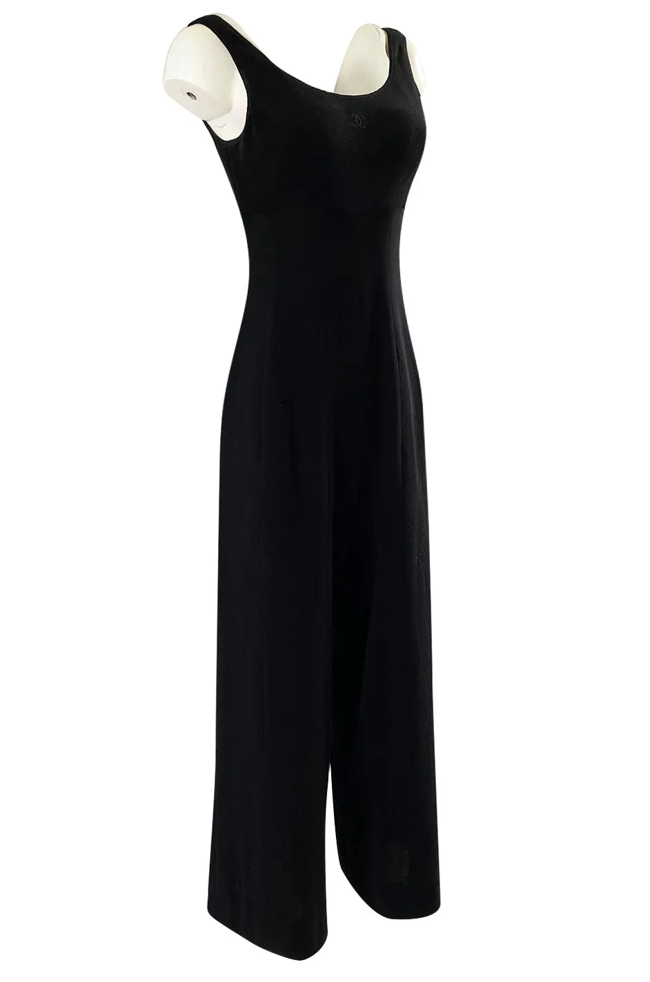 1990s Chanel Black Crepe & Ribbed Jersey Wide Legged Jumpsuit