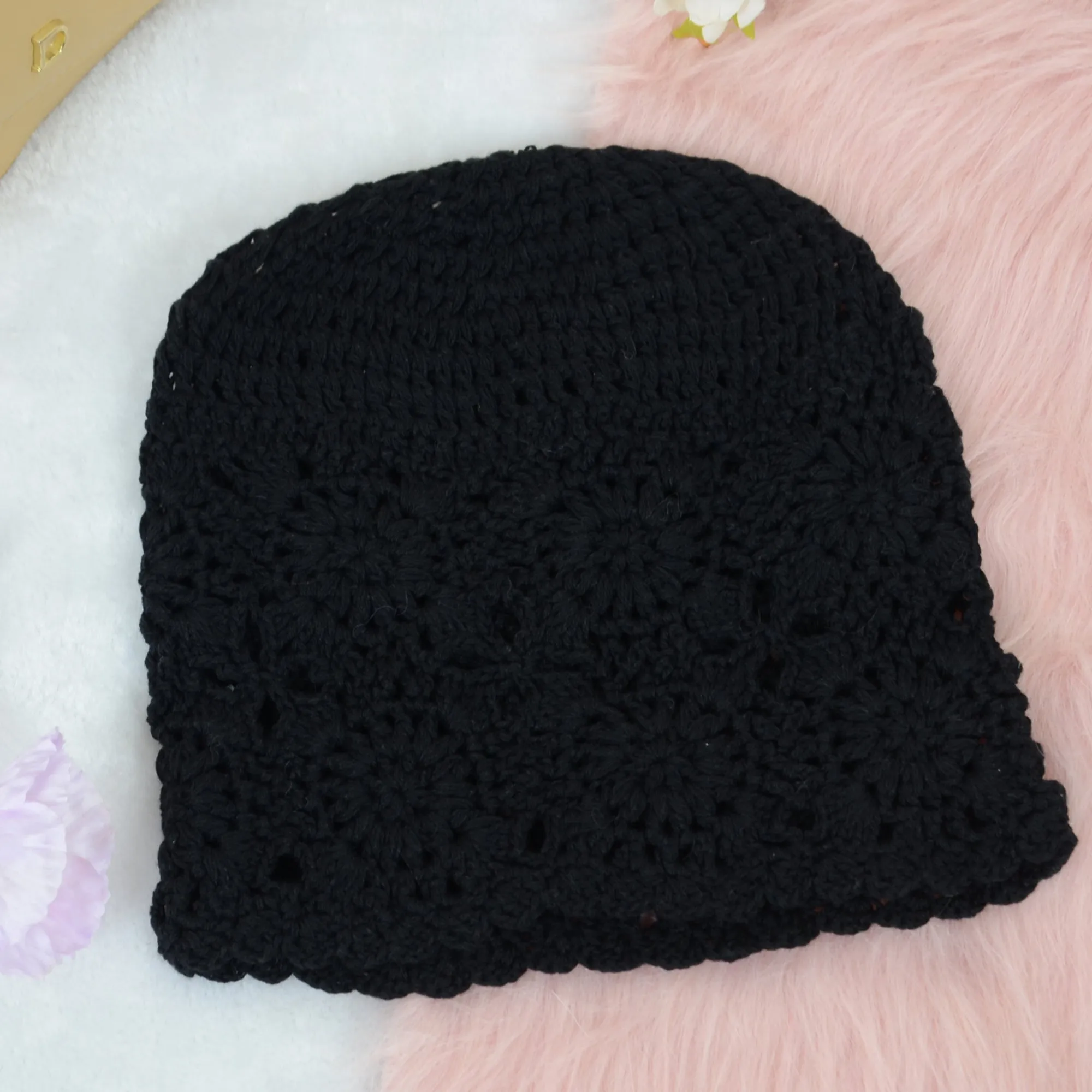 Anna-Kaci Crochet Floral Slouchy Beanie Hat Lightweight Handmade Knit Cutout Skull Cap for Women