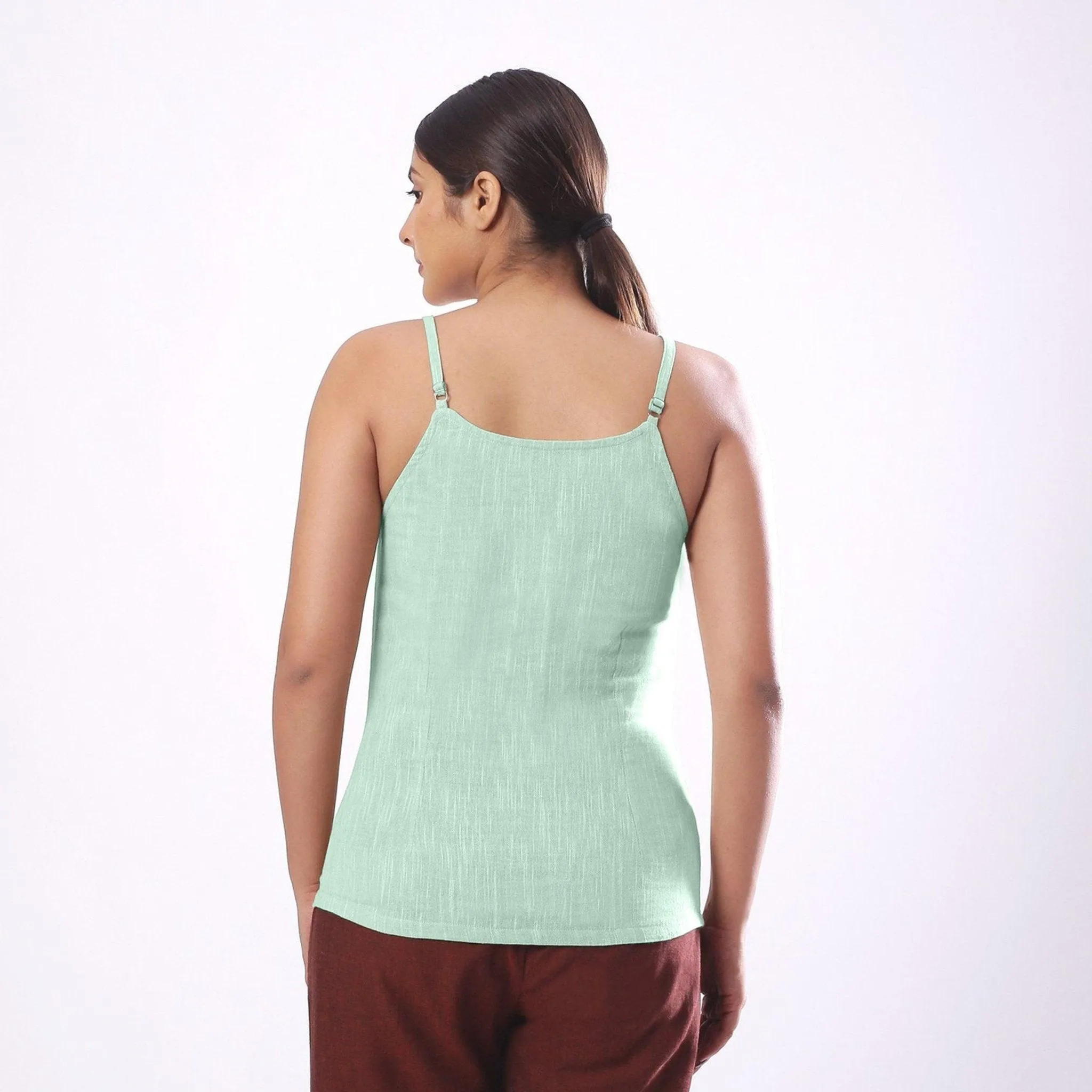 Aqua Yarn Dyed Cotton Round Neck Spaghetti Top