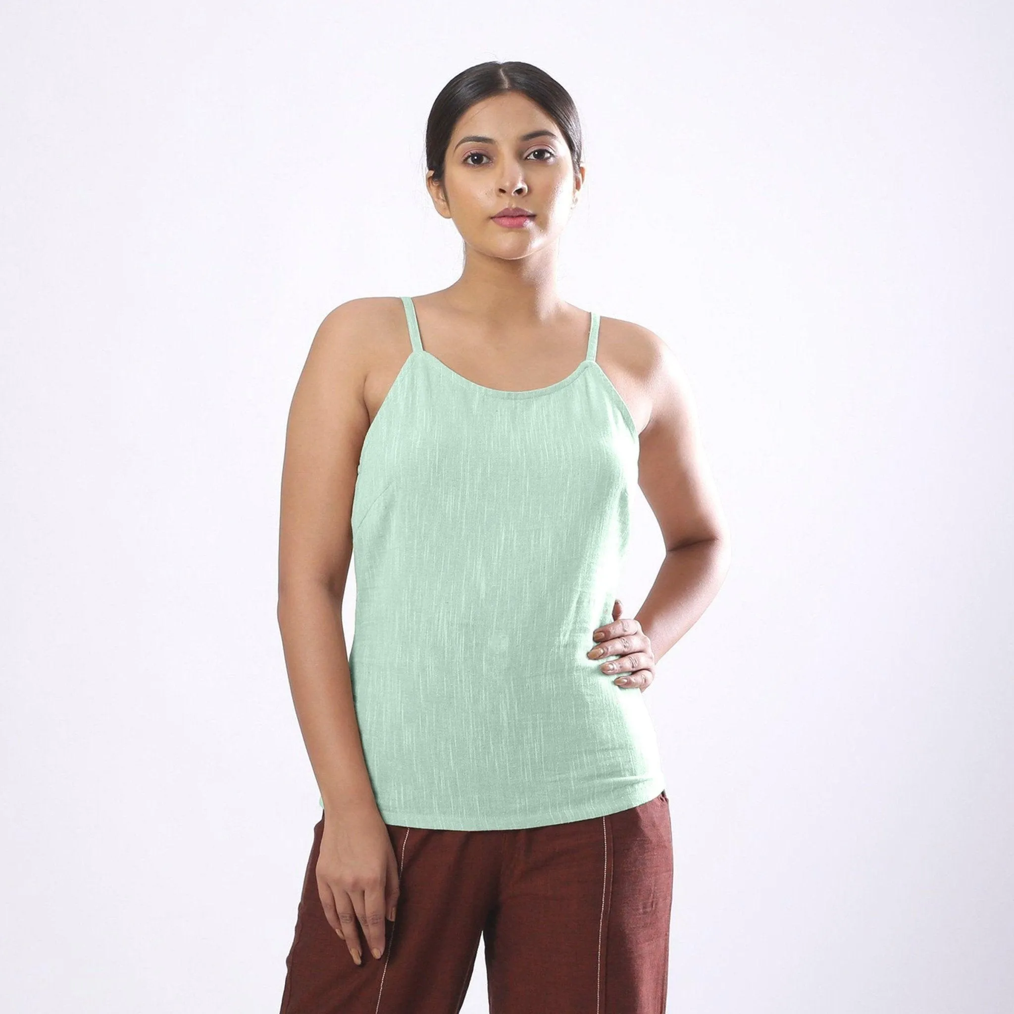 Aqua Yarn Dyed Cotton Round Neck Spaghetti Top