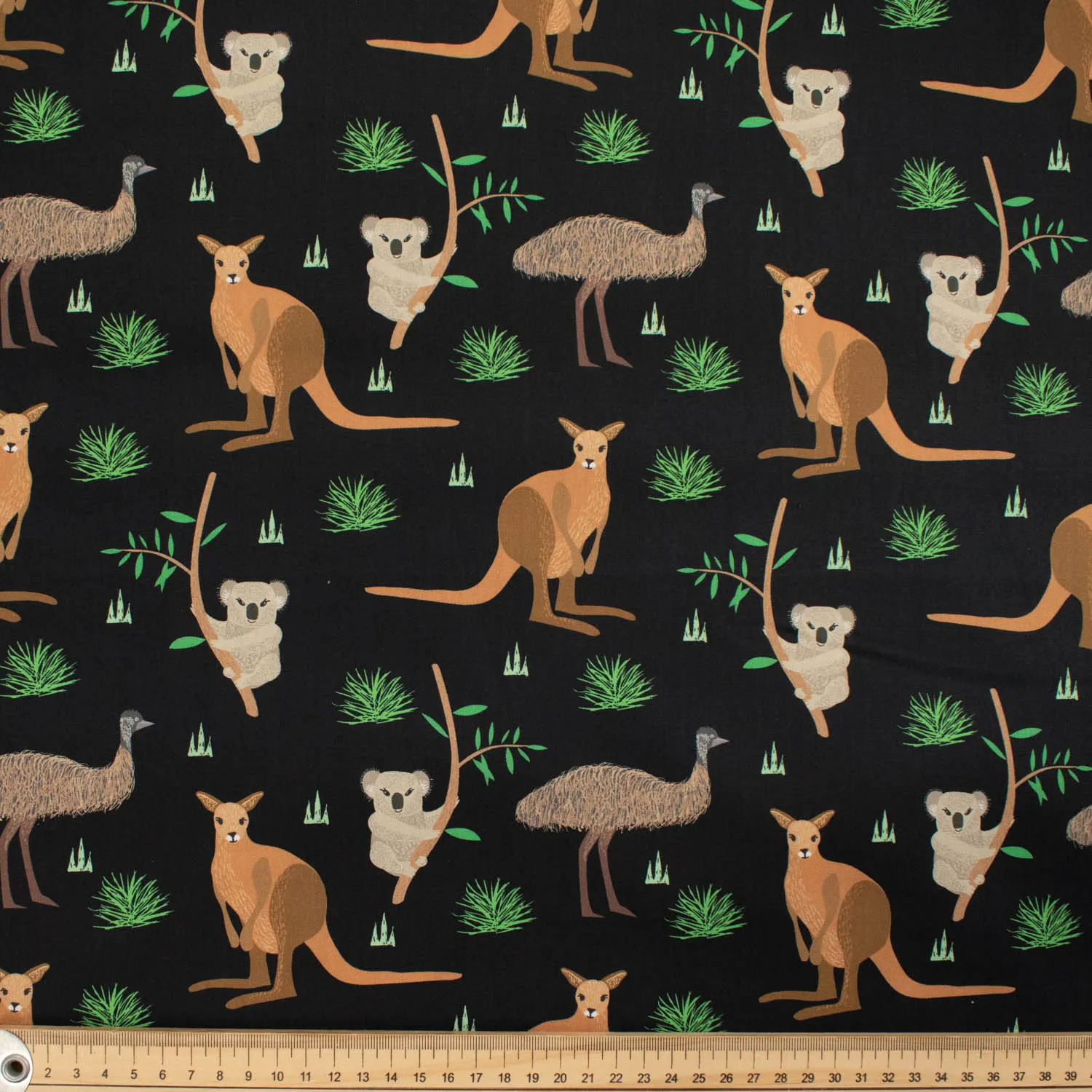 Australiana Animal Collection Kangaroo Koala Emu Black Cotton Prints