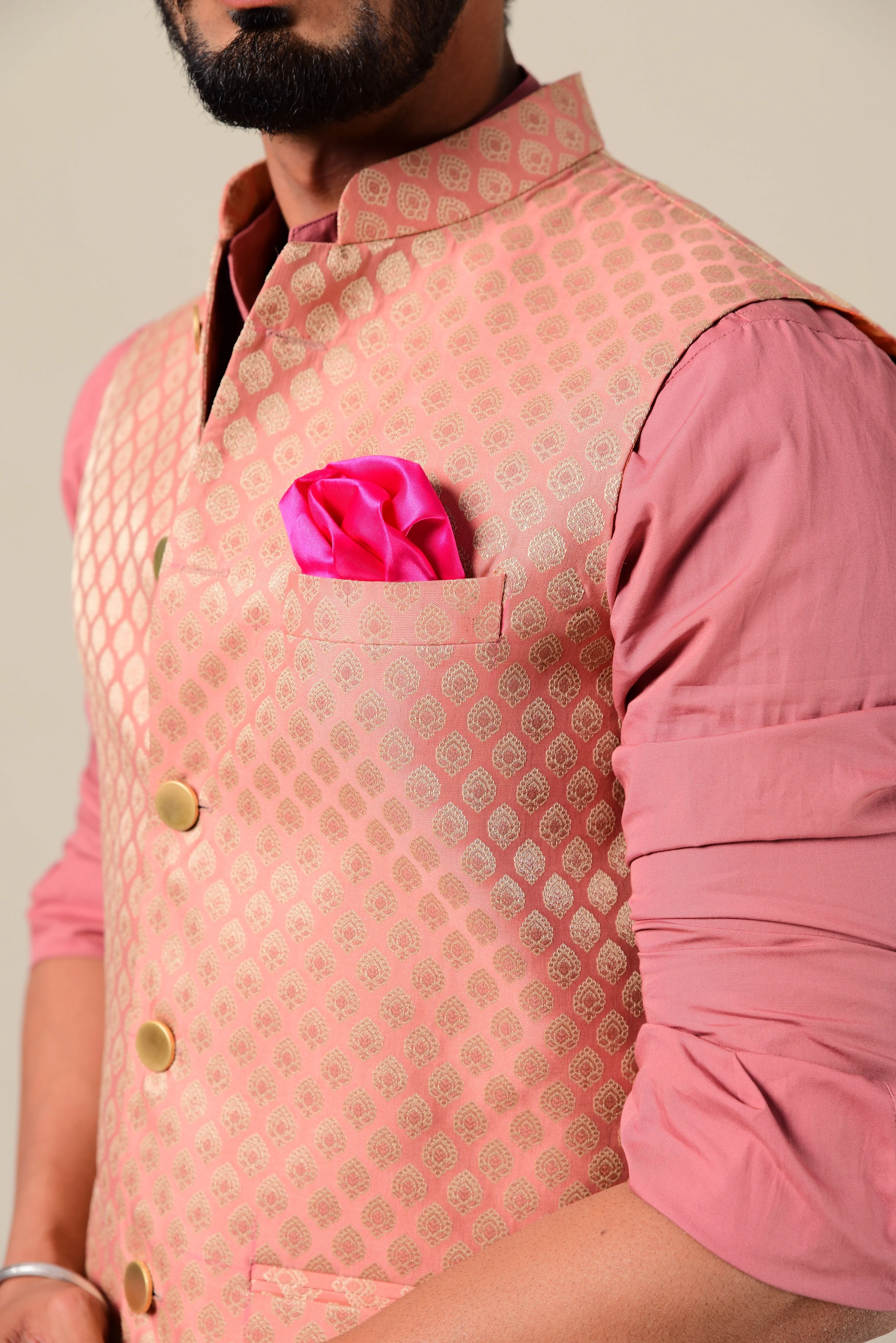 Ballet Pink And Golden Brocade Half Jodhpuri Jacket