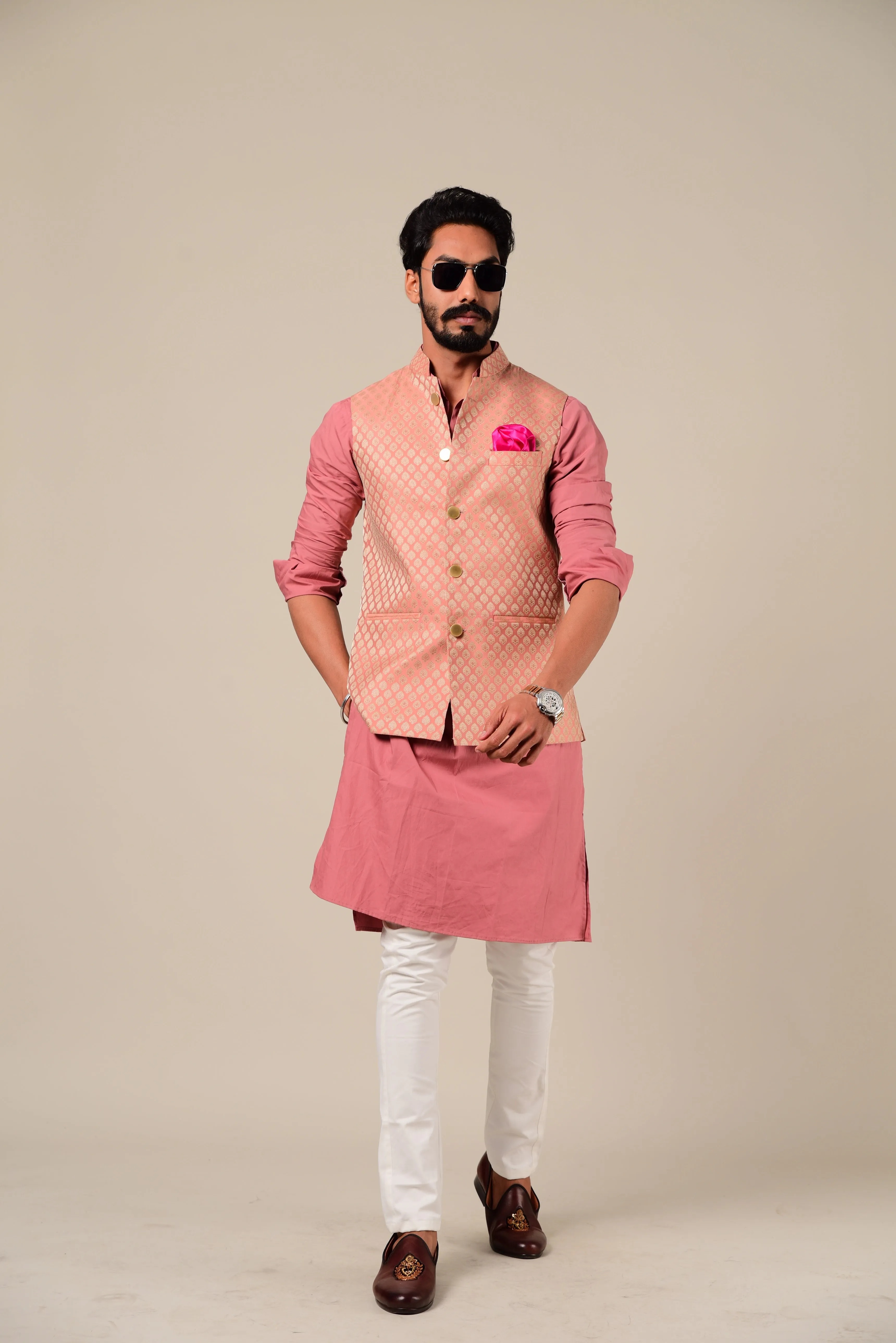 Ballet Pink And Golden Brocade Half Jodhpuri Jacket