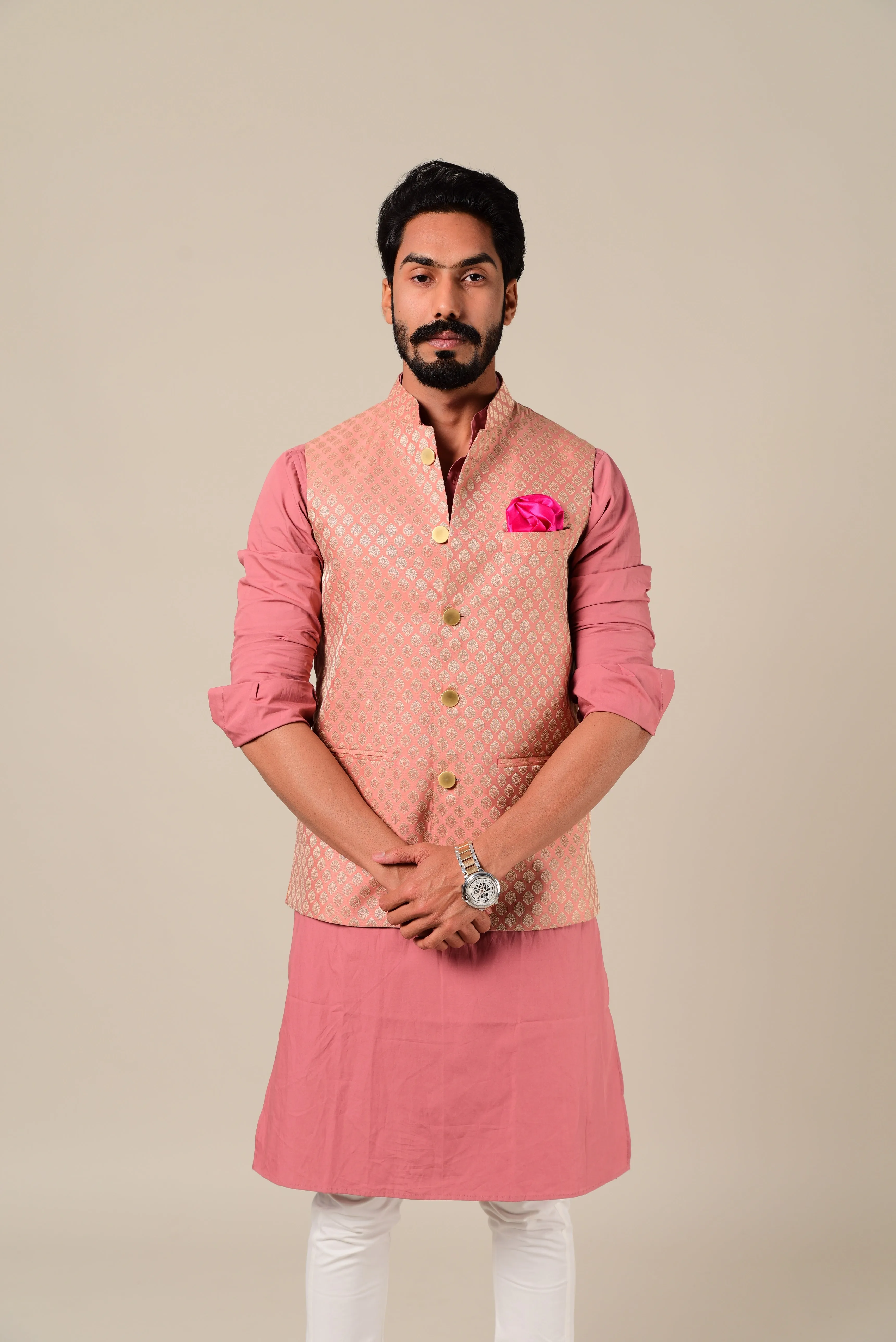 Ballet Pink And Golden Brocade Half Jodhpuri Jacket