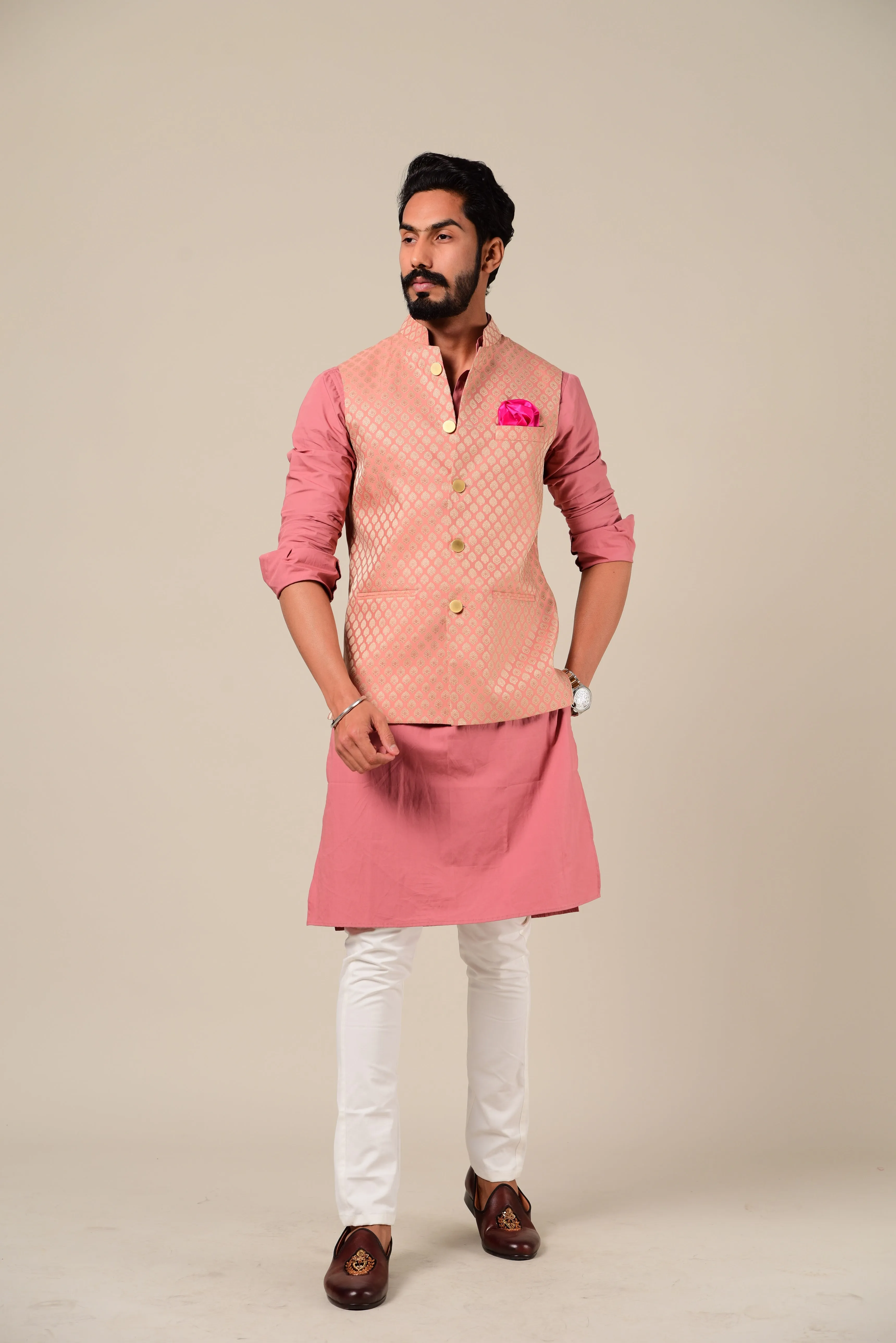 Ballet Pink And Golden Brocade Half Jodhpuri Jacket