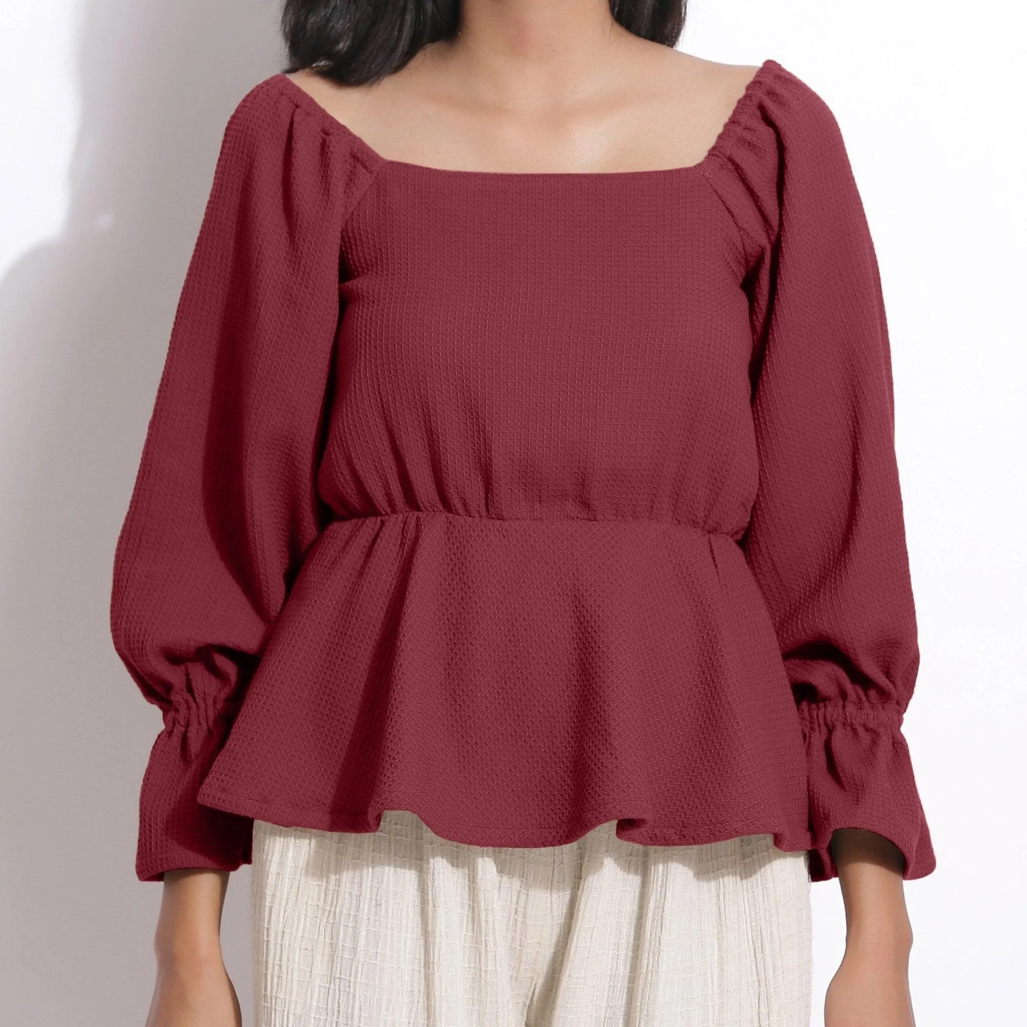 Barn Red Warm Cotton Honeycomb Waffle Peplum Top