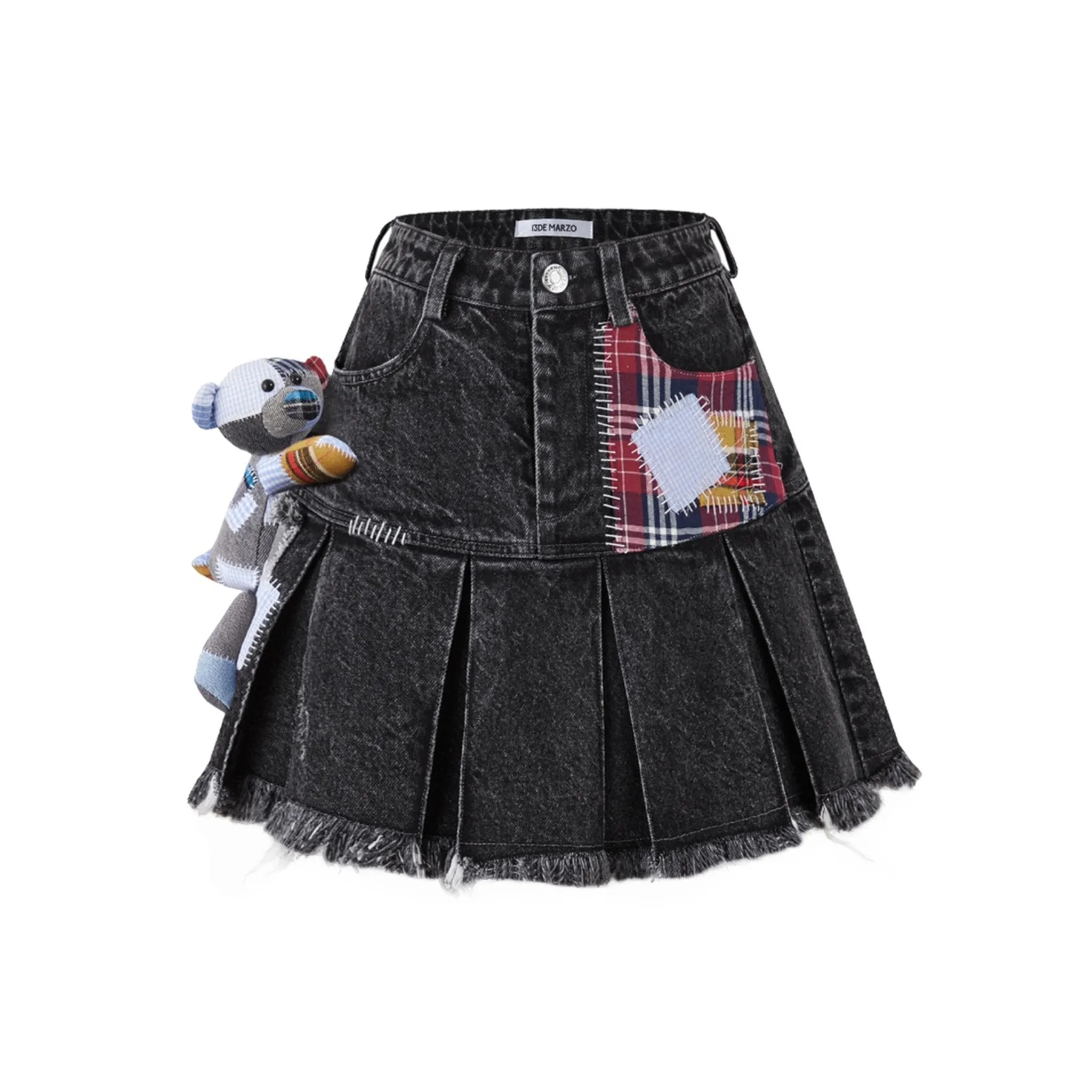 Bear Patch Suture Denim Skirt in Black