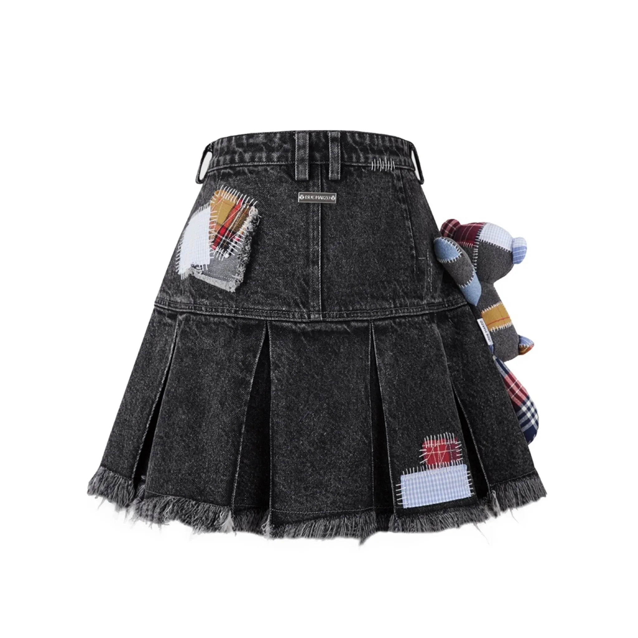 Bear Patch Suture Denim Skirt in Black