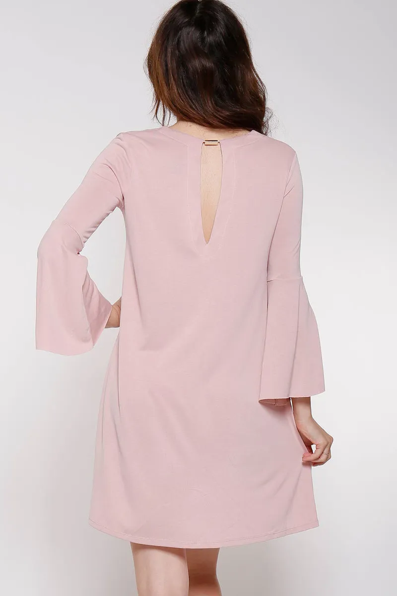 BELL SLEEVE DEEP V SHIFT DRESS