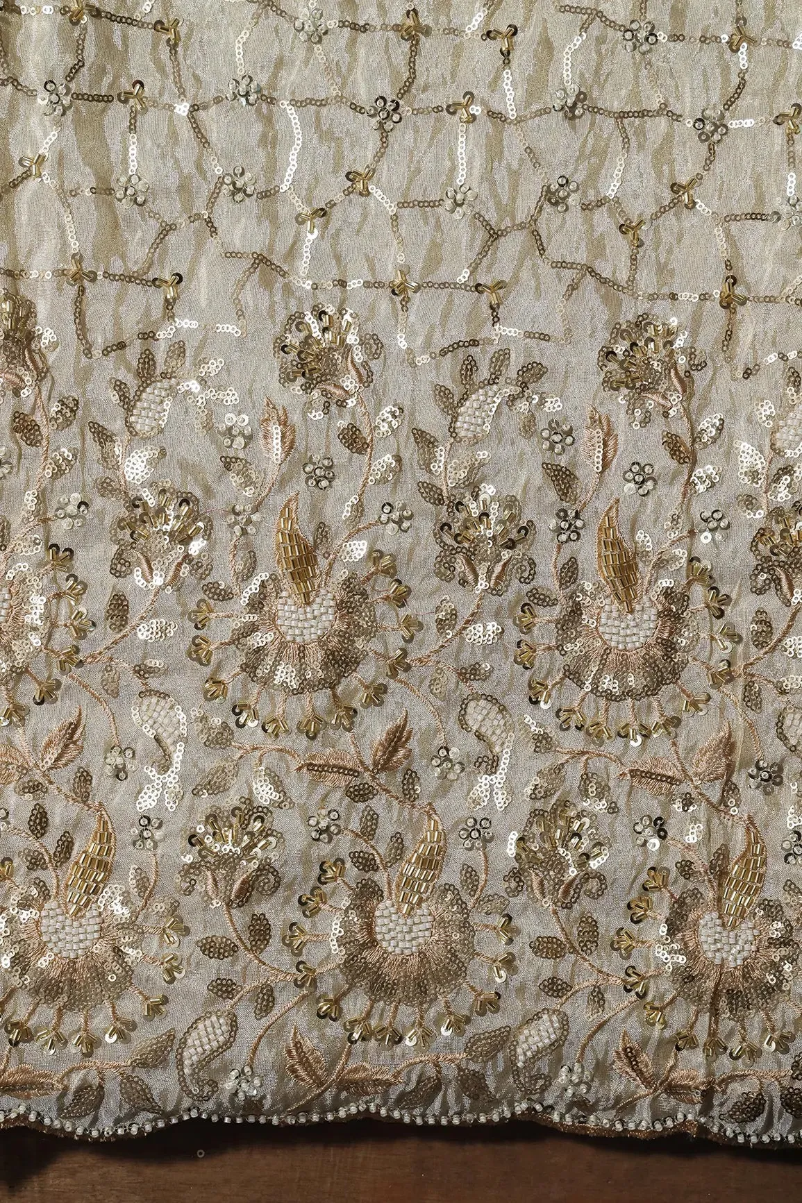 Big Width 56 Gold Sequins With Beads Geometric Embroidery On Dyeable Viscose Zari Tissue Fabric With Floral Border