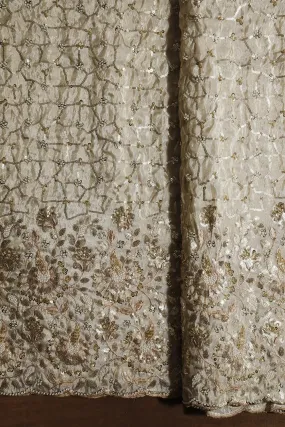 Big Width 56 Gold Sequins With Beads Geometric Embroidery On Dyeable Viscose Zari Tissue Fabric With Floral Border