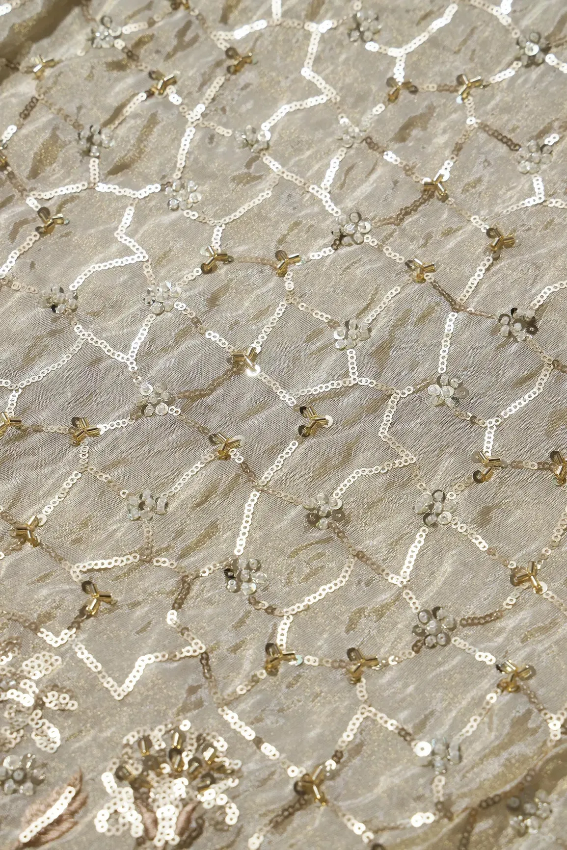 Big Width 56 Gold Sequins With Beads Geometric Embroidery On Dyeable Viscose Zari Tissue Fabric With Floral Border