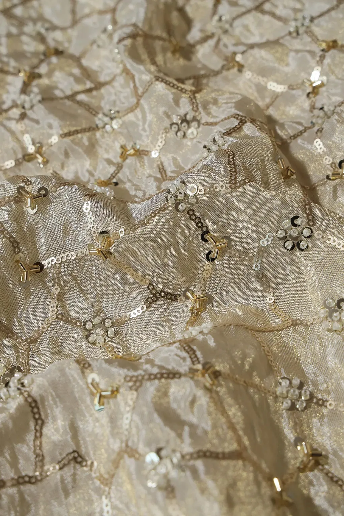 Big Width 56 Gold Sequins With Beads Geometric Embroidery On Dyeable Viscose Zari Tissue Fabric With Floral Border