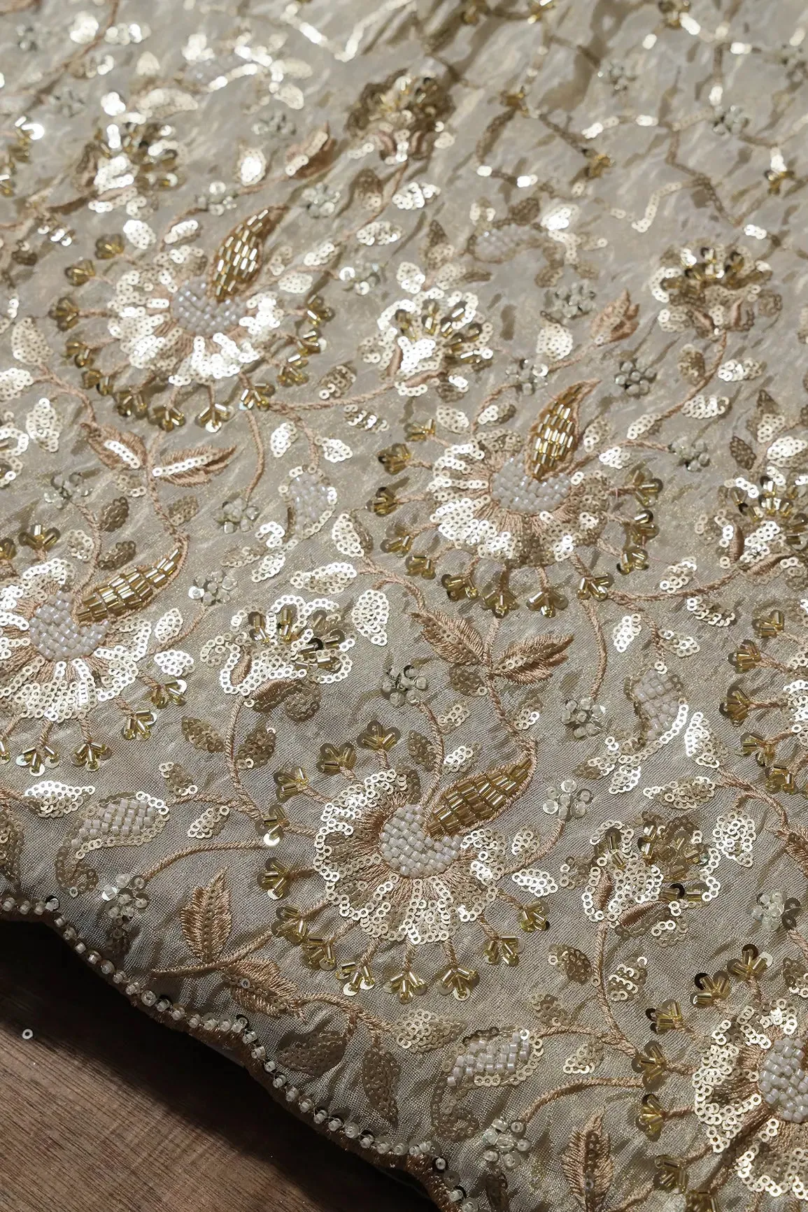 Big Width 56 Gold Sequins With Beads Geometric Embroidery On Dyeable Viscose Zari Tissue Fabric With Floral Border