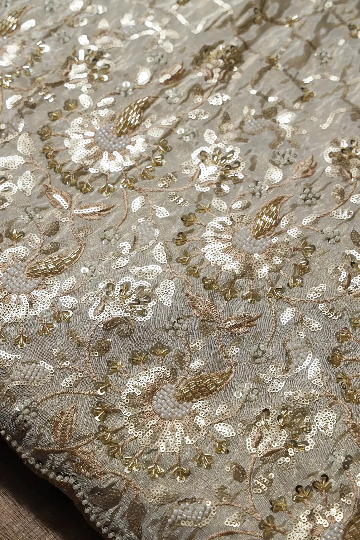 Big Width 56 Gold Sequins With Beads Geometric Embroidery On Dyeable Viscose Zari Tissue Fabric With Floral Border