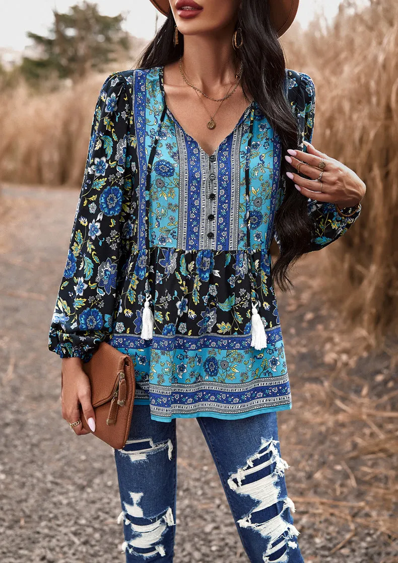 Black Casual Boho Floral V Neck Drawstring Long Sleeve Tops