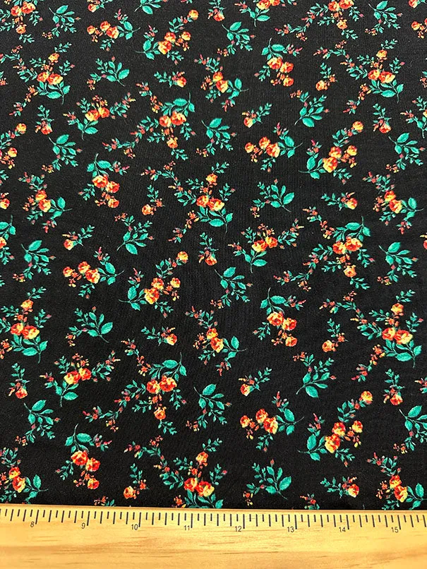 Black Floral Print Rayon Challis Fabric