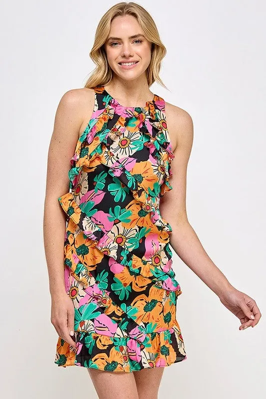 Black Multi Floral Print Ruffle Shift Dress