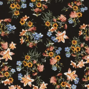 Black-Mustard-Multi Floral Printed Stretch Polyester Jersey Knit Fabric