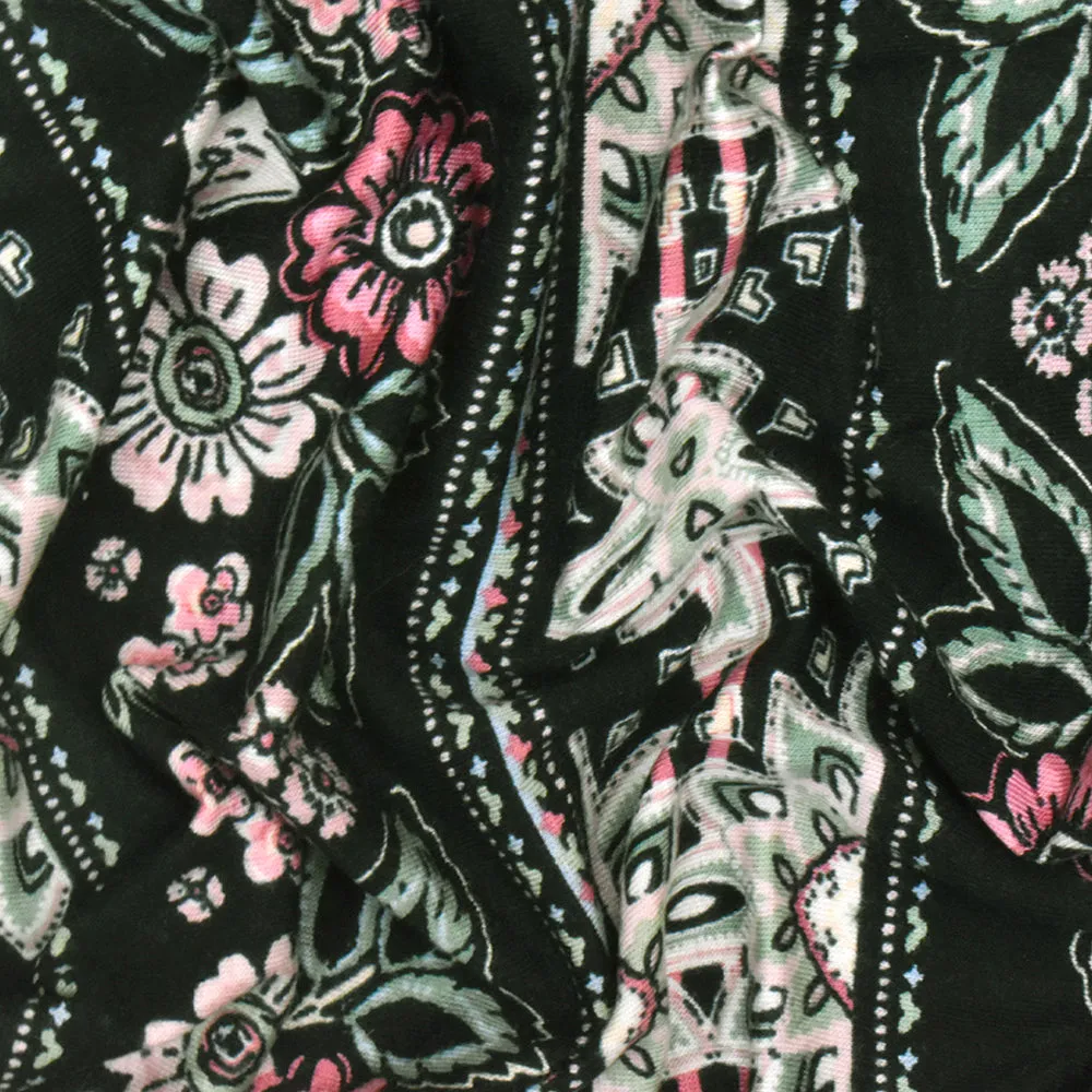 Black-Pink-Multi Floral Stripe Printed Rayon Stretch Jersey Knit Fabric