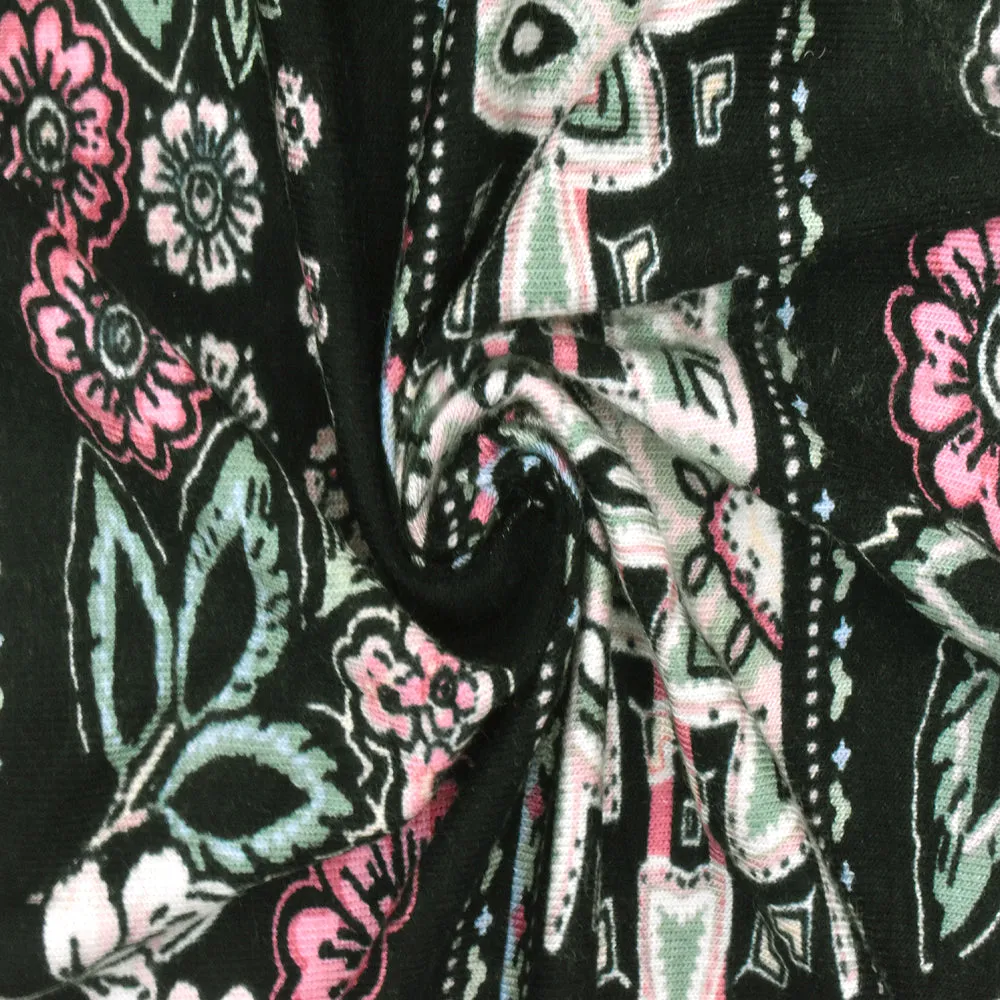 Black-Pink-Multi Floral Stripe Printed Rayon Stretch Jersey Knit Fabric