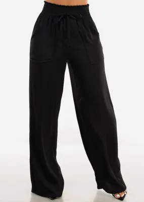 Black Smocked Waist Wide Legged Pants