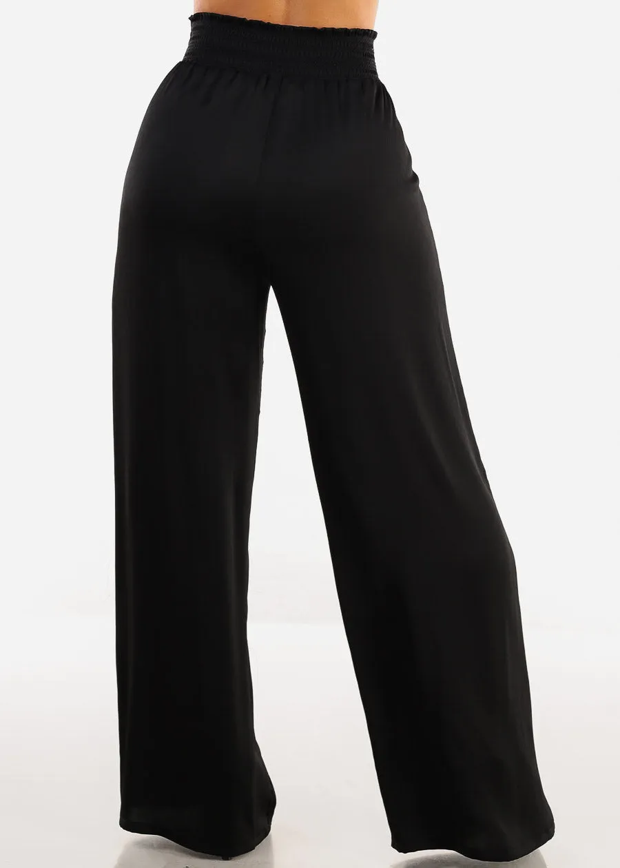 Black Smocked Waist Wide Legged Pants