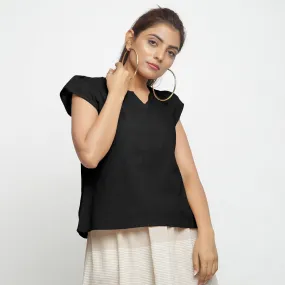 Black Split Neck Puff Sleeves 100% Cotton Top