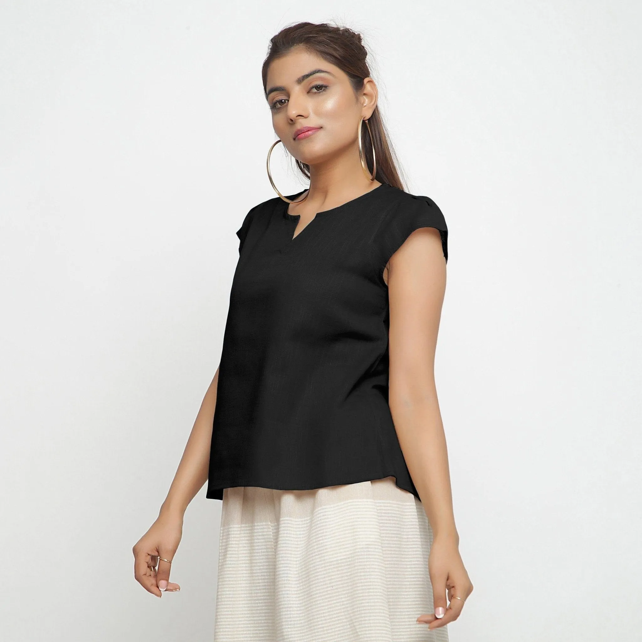 Black Split Neck Puff Sleeves 100% Cotton Top