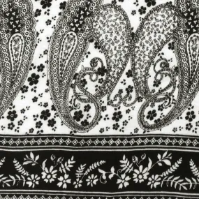 Black-White Paisley and Floral Stripe Printed Rayon Gauze Woven Fabric