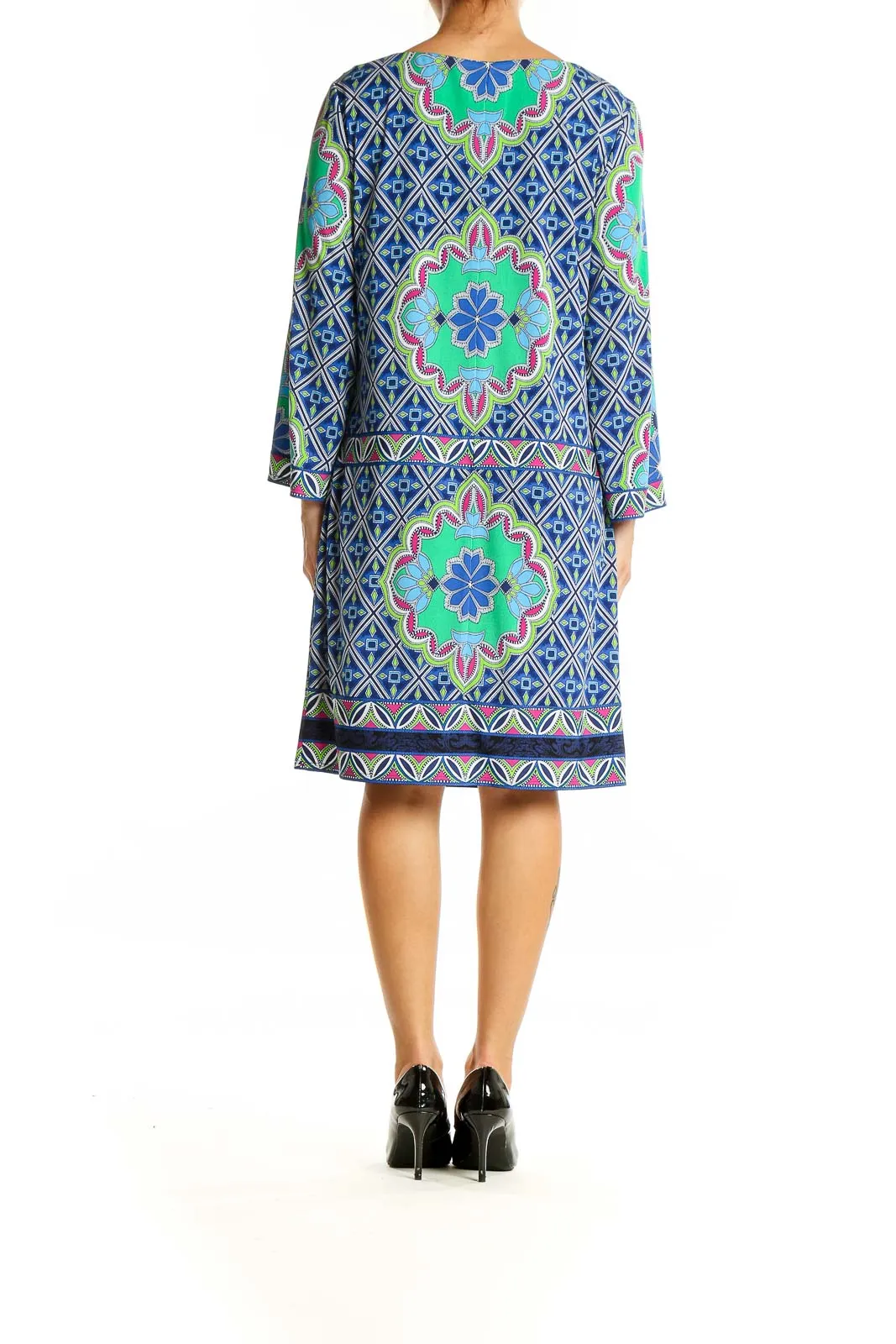 Blue and Green Geometric Print Shift Dress