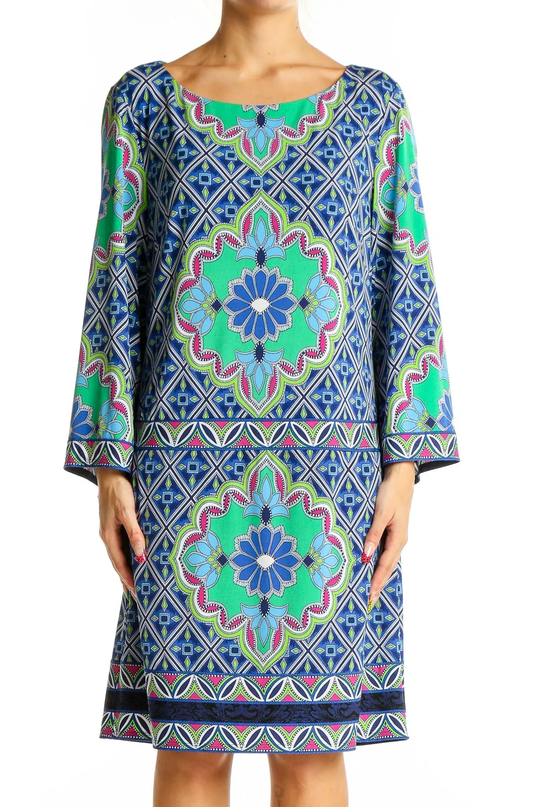 Blue and Green Geometric Print Shift Dress