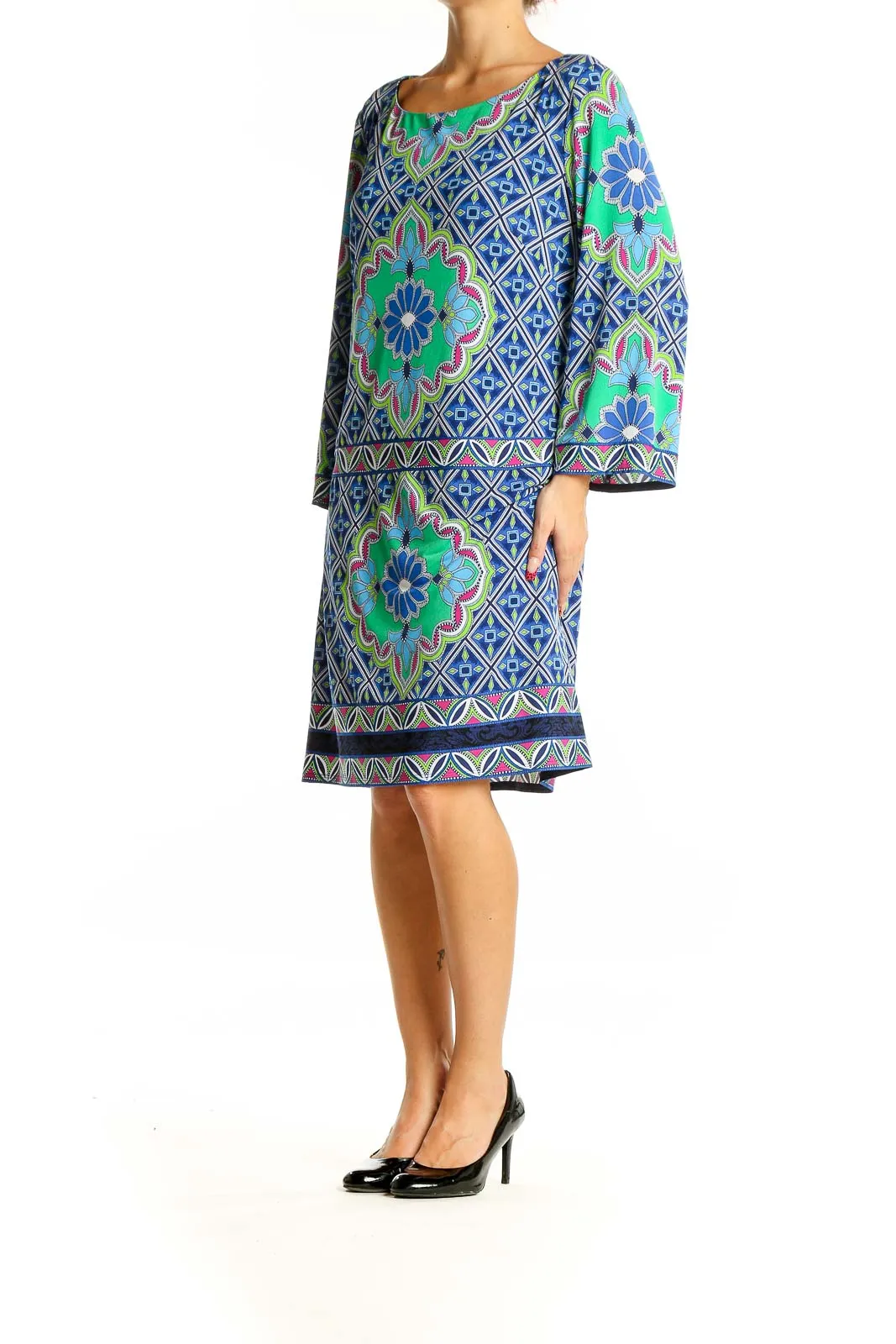 Blue and Green Geometric Print Shift Dress