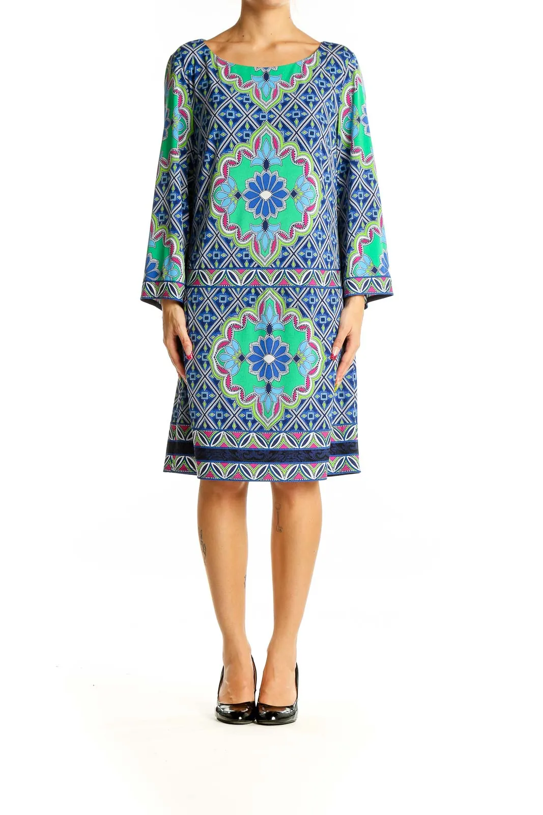 Blue and Green Geometric Print Shift Dress