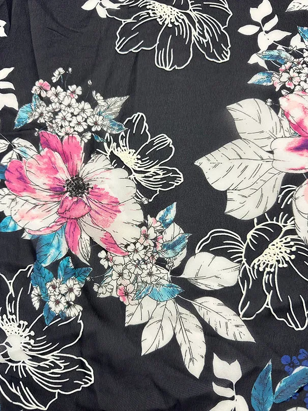 Blue and Pink Flocked Floral Poly Chiffon Fabric