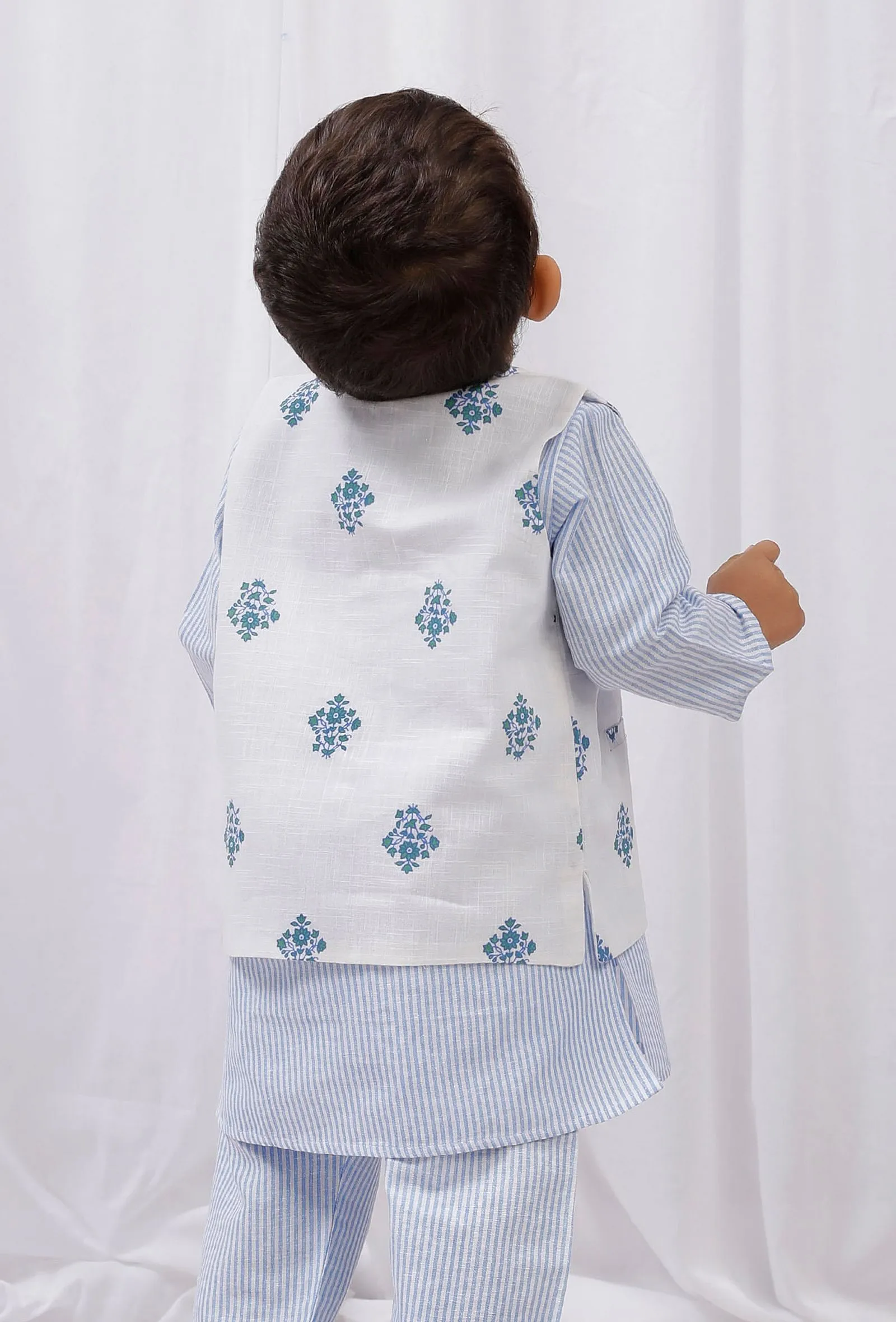 Blue Block Printed Floral Nehru Jacket