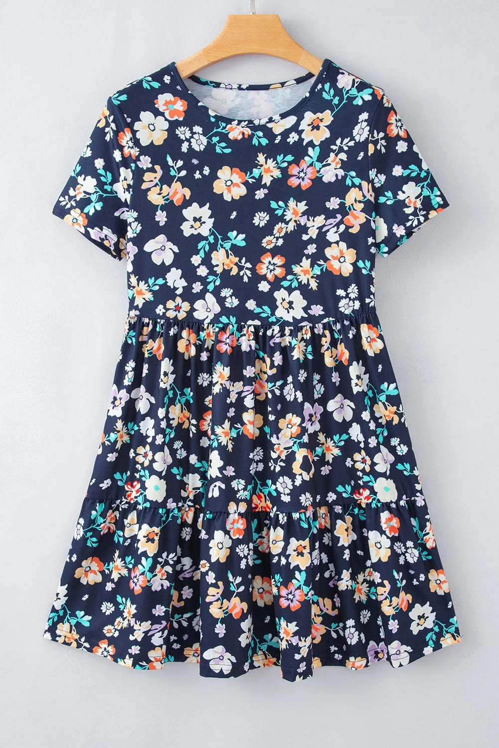 Blue Floral Ruffle Skirt Shift Dress