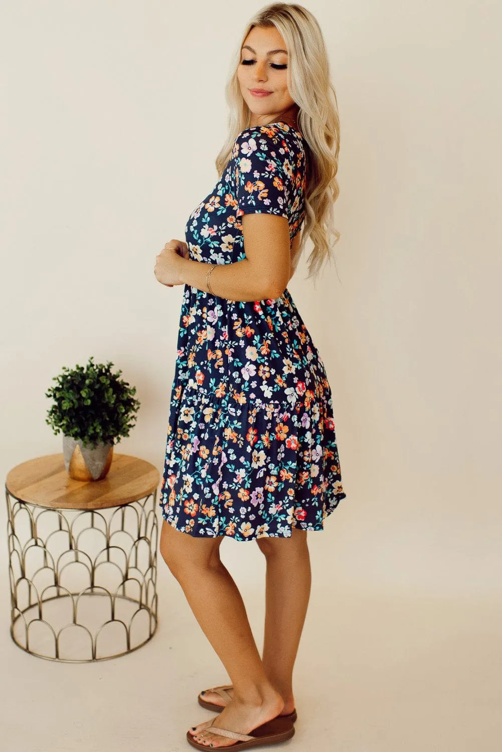 Blue Floral Ruffle Skirt Shift Dress