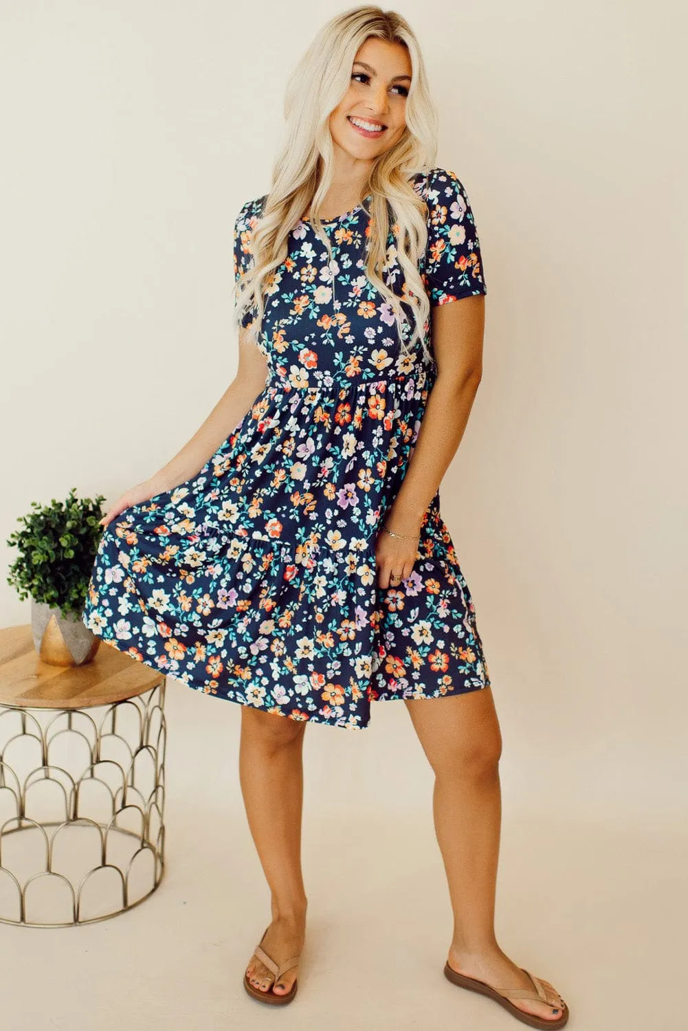 Blue Floral Ruffle Skirt Shift Dress