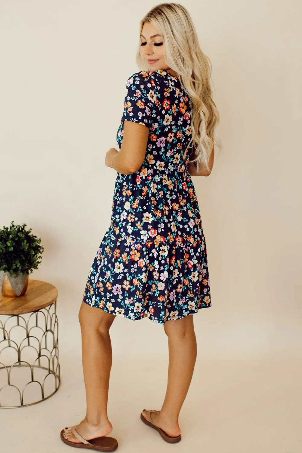 Blue Floral Ruffle Skirt Shift Dress