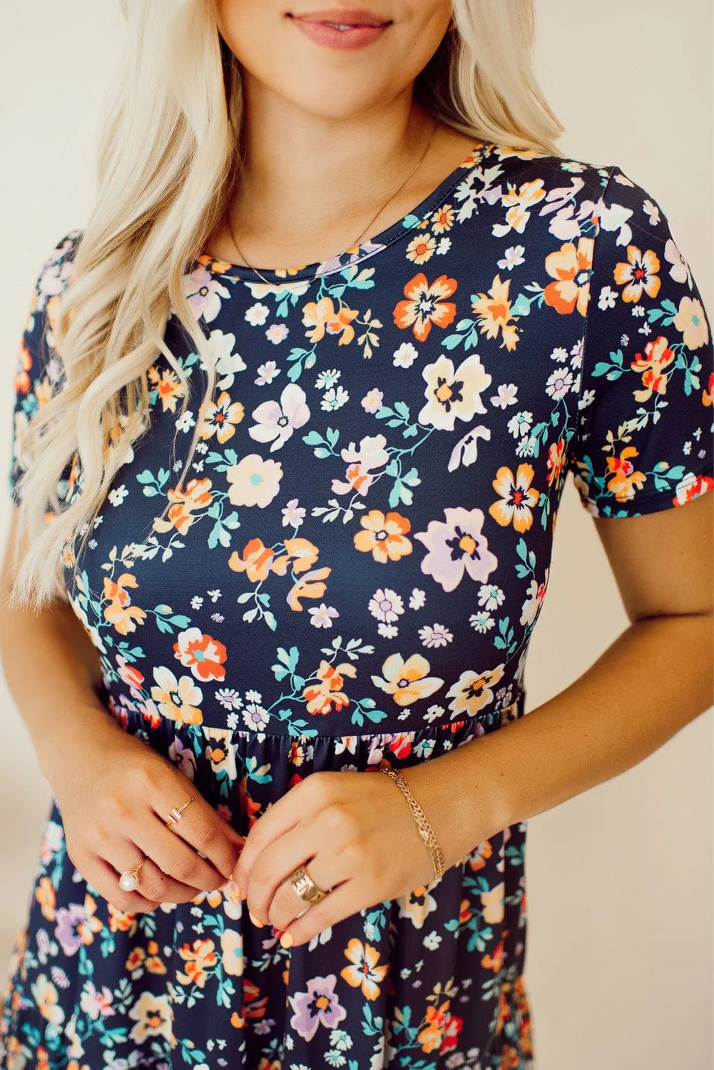 Blue Floral Ruffle Skirt Shift Dress