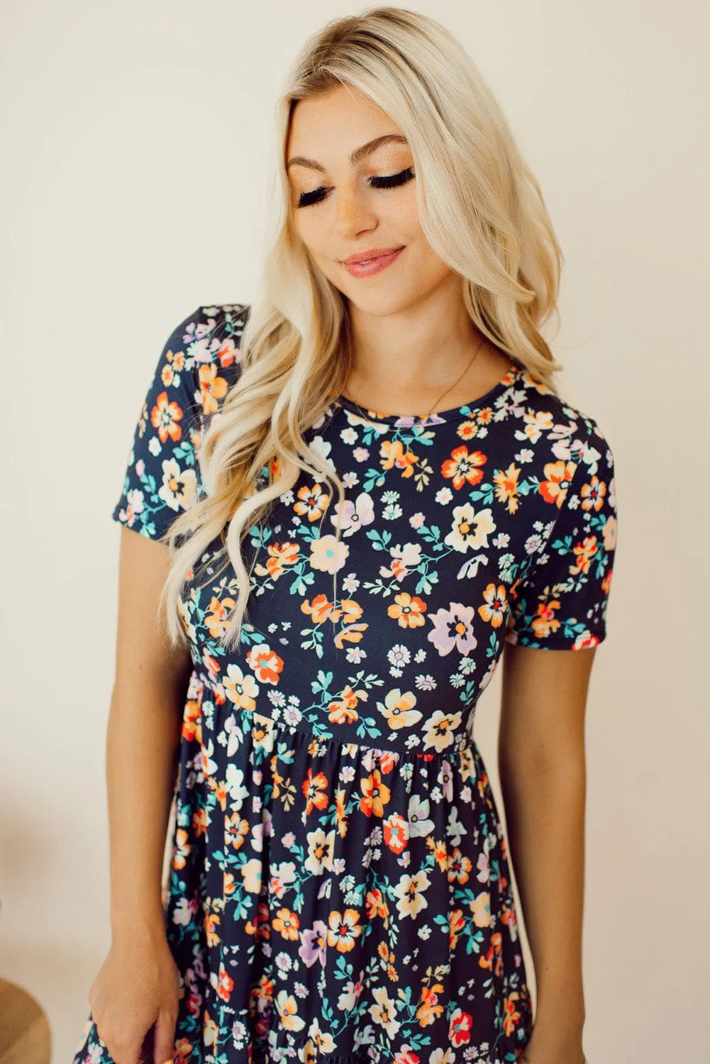 Blue Floral Ruffle Skirt Shift Dress