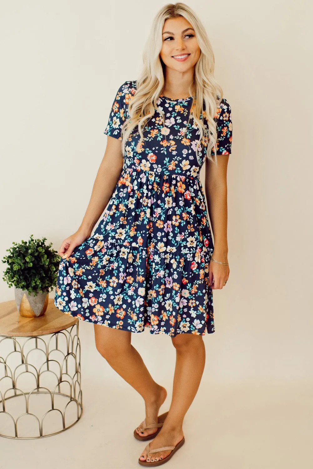 Blue Floral Ruffle Skirt Shift Dress