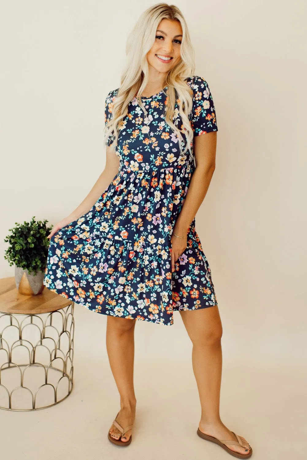 Blue Floral Ruffle Skirt Shift Dress