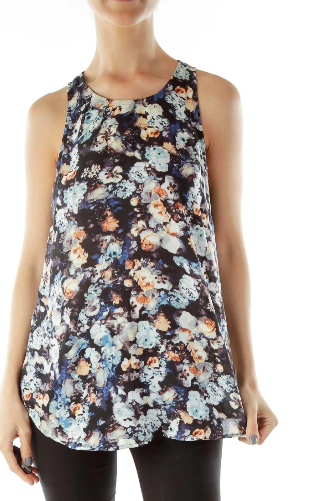 Blue Floral Sleeveless  Blouse