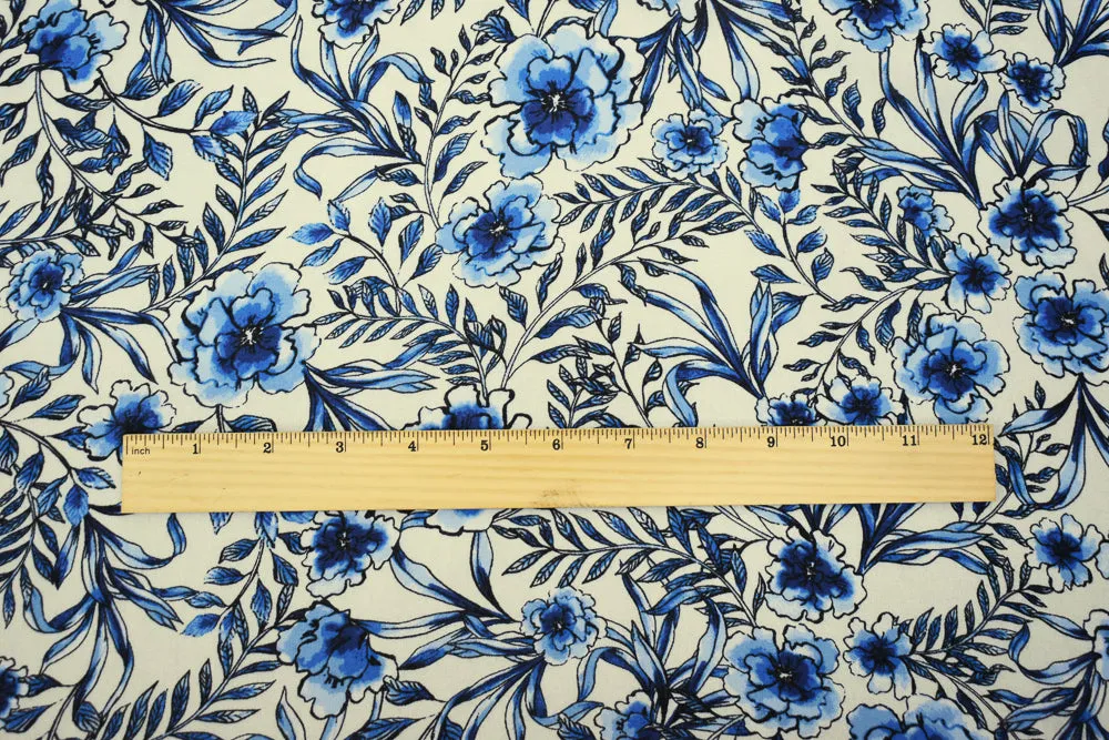 Blue-Ivory-Black Floral Printed Poly Chiffon Woven Fabric