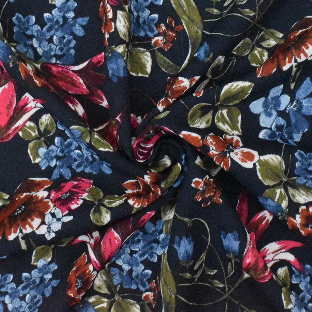 Blue-Red-Multi Floral Printed Poly Georgette Woven Fabric