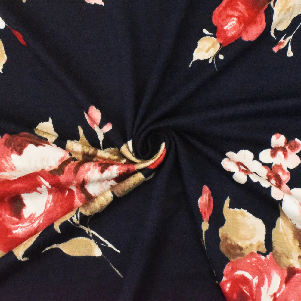 Blue-Red-Multi Floral Printed Stretch Rayon Spandex Jersey Knit Fabric